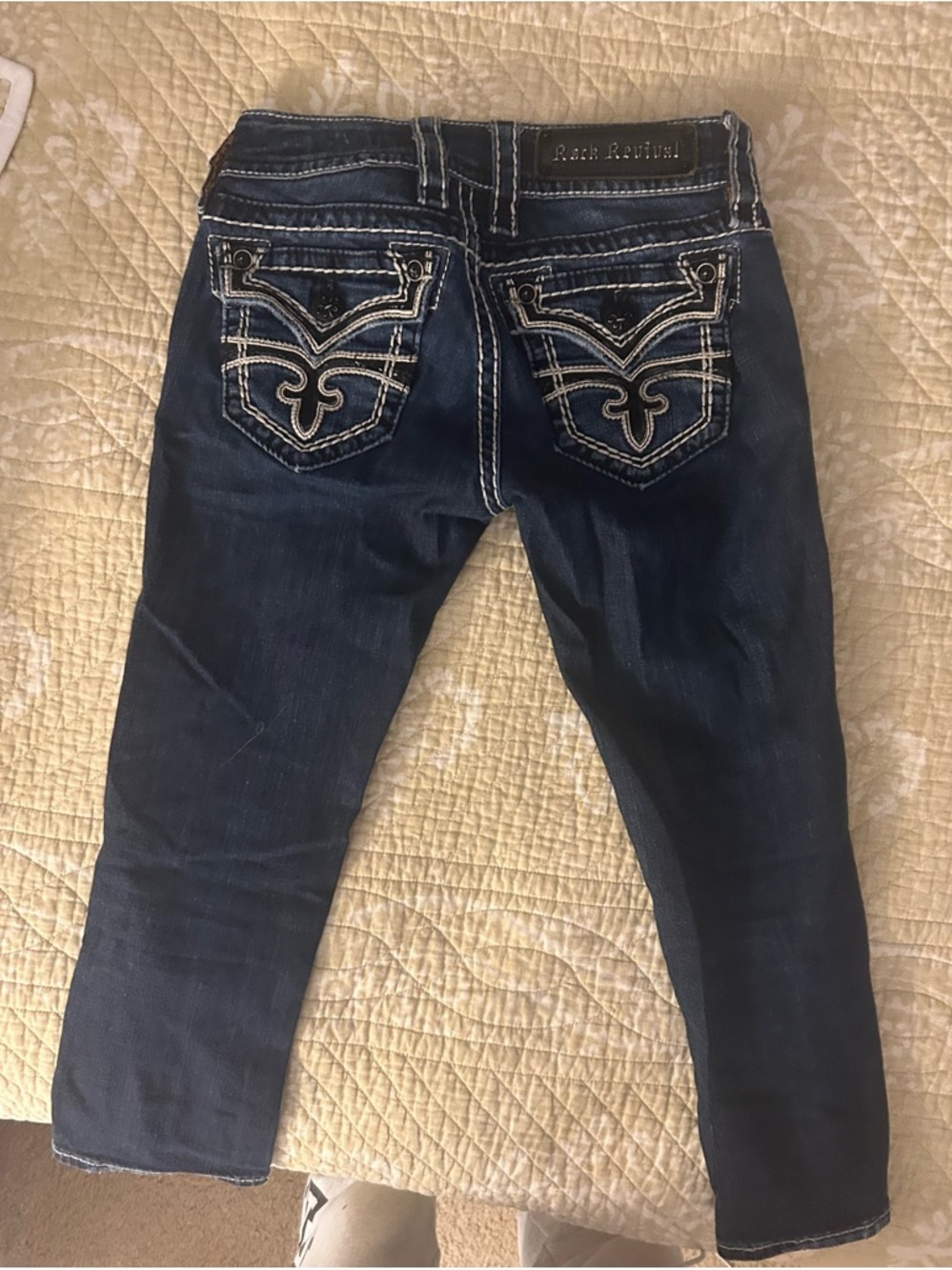 Rock Revival Women's Dark Blue Crop Skinny Jeans with Contrasting Stitching
